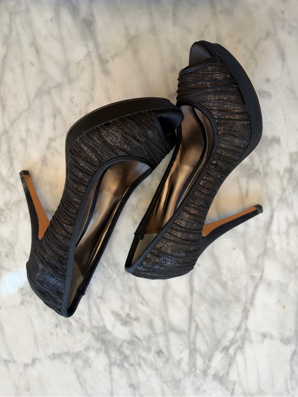 ANTONIO MELANI Black Ruched Peep-Toe Platform Stilettos